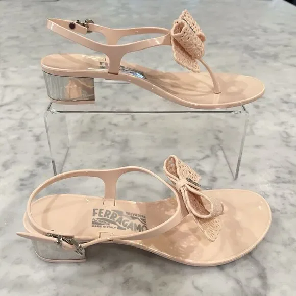 Salvatore Ferragamo Pale Pink Perala Jelly Buckle Lace Bow Sandals Heels Size 7 - Picture 2 of 12